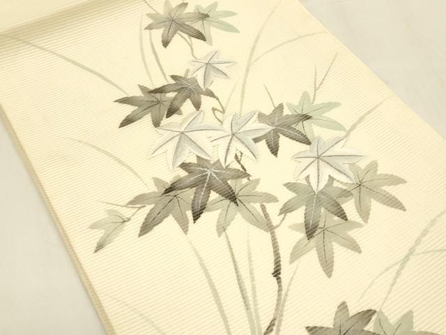 平和屋着物＊夏物 九寸開き名古屋帯 作家物 手描き 刺繍 枝葉文 銀彩 正絹 逸品 DABA0499cm
