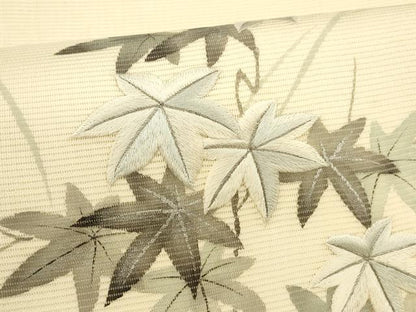 平和屋着物＊夏物 九寸開き名古屋帯 作家物 手描き 刺繍 枝葉文 銀彩 正絹 逸品 DABA0499cm