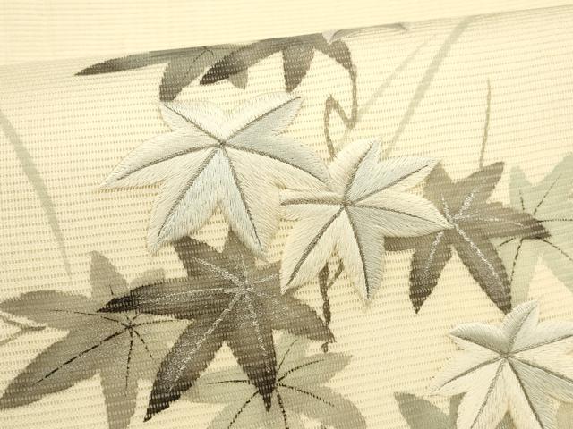 平和屋着物＊夏物 九寸開き名古屋帯 作家物 手描き 刺繍 枝葉文 銀彩 正絹 逸品 DABA0499cm
