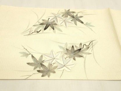 平和屋着物＊夏物 九寸開き名古屋帯 作家物 手描き 刺繍 枝葉文 銀彩 正絹 逸品 DABA0499cm