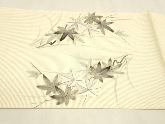 平和屋着物＊夏物 九寸開き名古屋帯 作家物 手描き 刺繍 枝葉文 銀彩 正絹 逸品 DABA0499cm