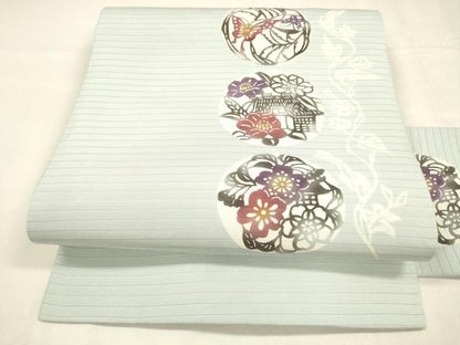 平和屋着物＊夏物　絽塩瀬　九寸名古屋帯　型染　風景舞蝶花文　正絹　逸品　DABA0501cm