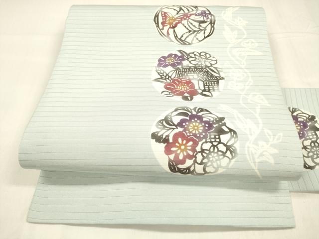 平和屋着物＊夏物　絽塩瀬　九寸名古屋帯　型染　風景舞蝶花文　正絹　逸品　DABA0501cm