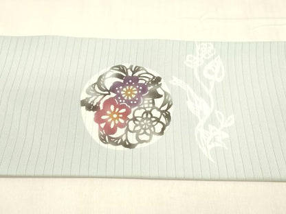 平和屋着物＊夏物　絽塩瀬　九寸名古屋帯　型染　風景舞蝶花文　正絹　逸品　DABA0501cm