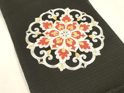 平和屋着物＊夏物 西陣 川島織物 絽綴れ 八寸名古屋帯 駒刺繍 総刺繍 正倉院花文 黒地 正絹 逸品 DABA0510cm