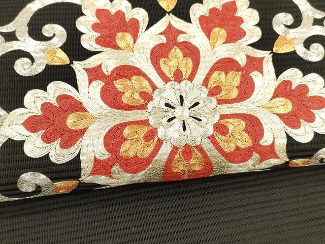 平和屋着物＊夏物 西陣 川島織物 絽綴れ 八寸名古屋帯 駒刺繍 総刺繍 正倉院花文 黒地 正絹 逸品 DABA0510cm