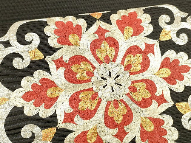 平和屋着物＊夏物 西陣 川島織物 絽綴れ 八寸名古屋帯 駒刺繍 総刺繍 正倉院花文 黒地 正絹 逸品 DABA0510cm