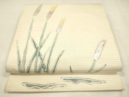 平和屋着物＊夏物 絽塩瀬 九寸開き名古屋帯 手描き 草葉文 銀彩 正絹 逸品 DABA0511cm