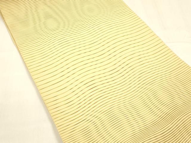 平和屋着物＊夏物 絽綴れ 八寸名古屋帯 よろけ縞 支子色 正絹 逸品 DABA0518cm