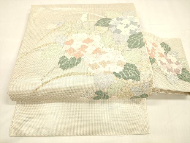 平和屋着物＊夏物　つけ帯　紫陽花草葉文　金銀糸　正絹　逸品　DABA0520cm 平和屋着物＊夏物 つけ帯 紫陽花草葉文 金銀糸 正絹 逸品 DABA0520cm