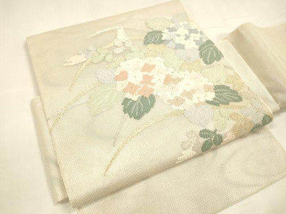 平和屋着物＊夏物 つけ帯 紫陽花草葉文 金銀糸 正絹 逸品 DABA0520cm