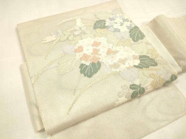 平和屋着物＊夏物 つけ帯 紫陽花草葉文 金銀糸 正絹 逸品 DABA0520cm
