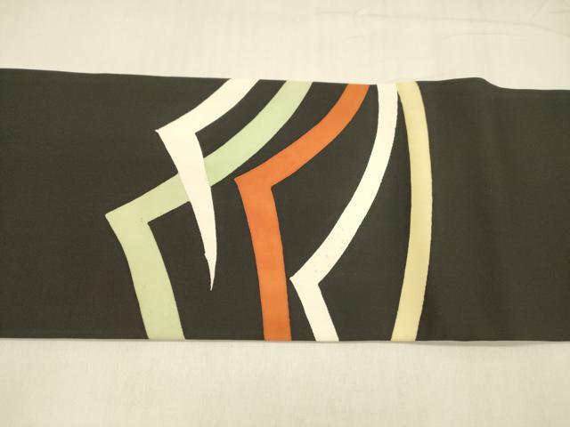 平和屋着物●塩瀬 九寸名古屋帯 抽象文様 黒地 金彩 正絹 逸品 DABA0536cm