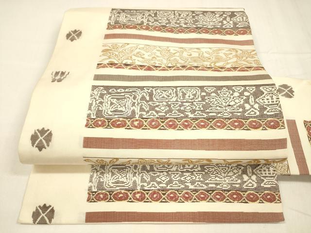 平和屋着物●九寸名古屋帯　横段群鳥草葉文　正絹　逸品　DABA0574cm