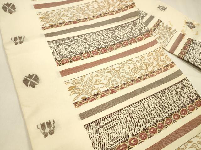 平和屋着物●九寸名古屋帯　横段群鳥草葉文　正絹　逸品　DABA0574cm