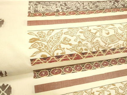 平和屋着物●九寸名古屋帯　横段群鳥草葉文　正絹　逸品　DABA0574cm