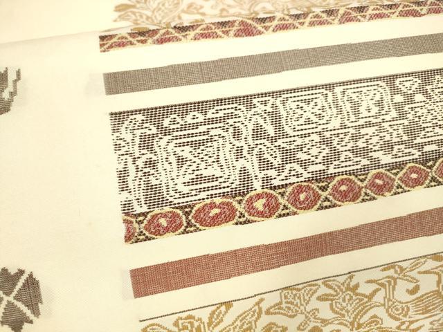 平和屋着物●九寸名古屋帯　横段群鳥草葉文　正絹　逸品　DABA0574cm