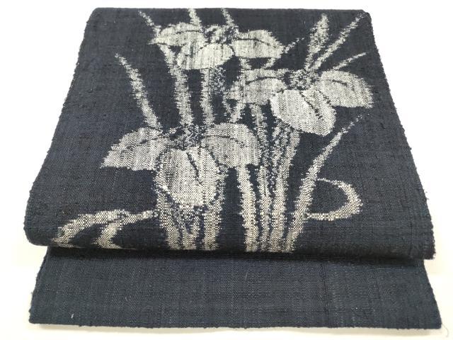 平和屋着物●八寸名古屋帯　紬地　流水杜若　正絹　逸品　DABA0581cm 平和屋着物○八寸名古屋帯 紬地 流水杜若 正絹 逸品 DABA0581cm