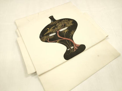 平和屋着物●塩瀬　つけ帯　器物飛鶴松文　金彩　正絹　逸品　DABA0591cm