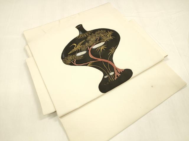 平和屋着物●塩瀬　つけ帯　器物飛鶴松文　金彩　正絹　逸品　DABA0591cm