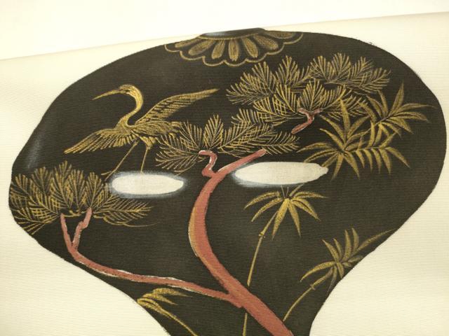 平和屋着物●塩瀬　つけ帯　器物飛鶴松文　金彩　正絹　逸品　DABA0591cm
