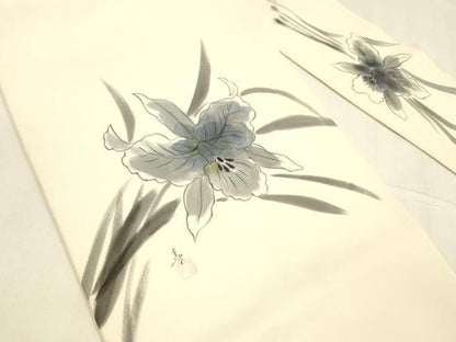 平和屋着物●塩瀬　九寸名古屋帯　作家物　手描き　草花文　正絹　逸品　DABA0601cm