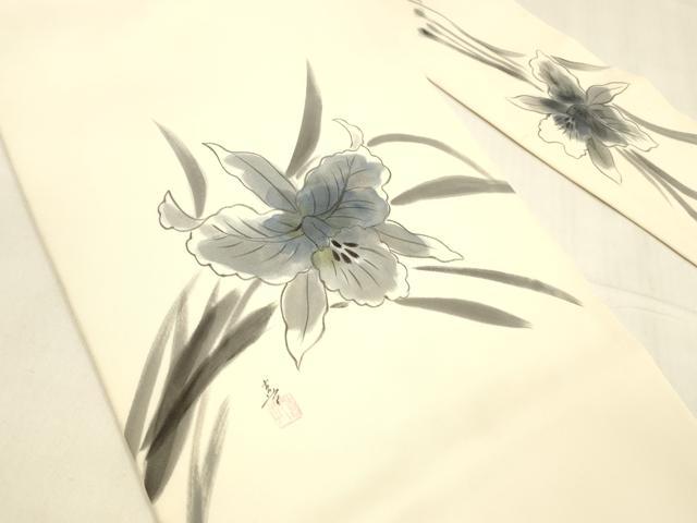 平和屋着物●塩瀬　九寸名古屋帯　作家物　手描き　草花文　正絹　逸品　DABA0601cm