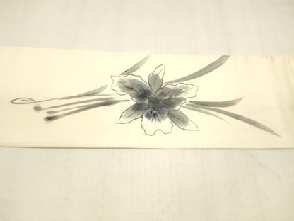 平和屋着物●塩瀬　九寸名古屋帯　作家物　手描き　草花文　正絹　逸品　DABA0601cm