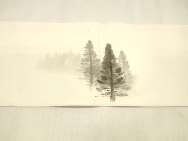 平和屋着物●塩瀬　九寸名古屋帯　手描き　樹林文　金彩　正絹　逸品　DABA0604cm