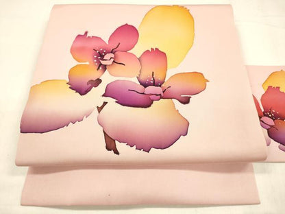 平和屋着物●塩瀬　九寸名古屋帯　ろうけつ染め　作家物　枝花文　正絹　逸品　DABA0607cm