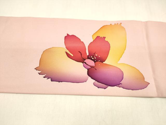 平和屋着物●塩瀬　九寸名古屋帯　ろうけつ染め　作家物　枝花文　正絹　逸品　DABA0607cm