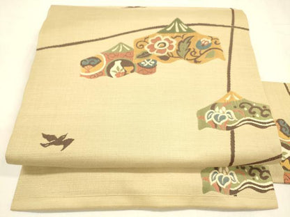 平和屋着物●九寸名古屋帯 飛鳥草花文 ぜんまい 正絹 逸品 DABA0608cm