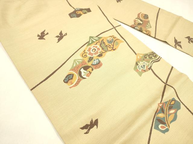 平和屋着物○九寸名古屋帯 飛鳥草花文 ぜんまい 正絹 逸品 DABA0608cm