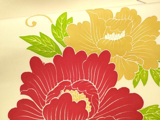 平和屋着物●塩瀬　九寸名古屋帯　牡丹唐草文　金彩　正絹　逸品　DABA0611cm