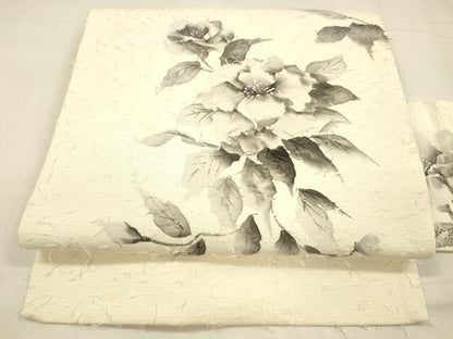 平和屋着物●九寸名古屋帯　髭紬　作家物　手描き　枝花文　正絹　逸品　DABA0614cm