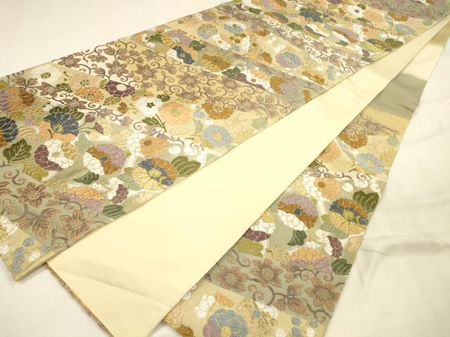 平和屋着物○六通柄袋帯 唐織 花唐草文 金糸 正絹 逸品 DABA0628cm
