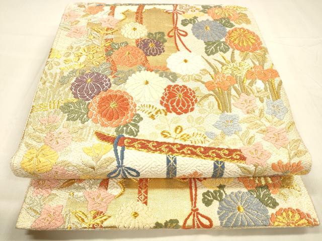 平和屋着物●佐賀錦 六通柄袋帯 唐織 草花文 金糸 正絹 逸品 DABA0635cm