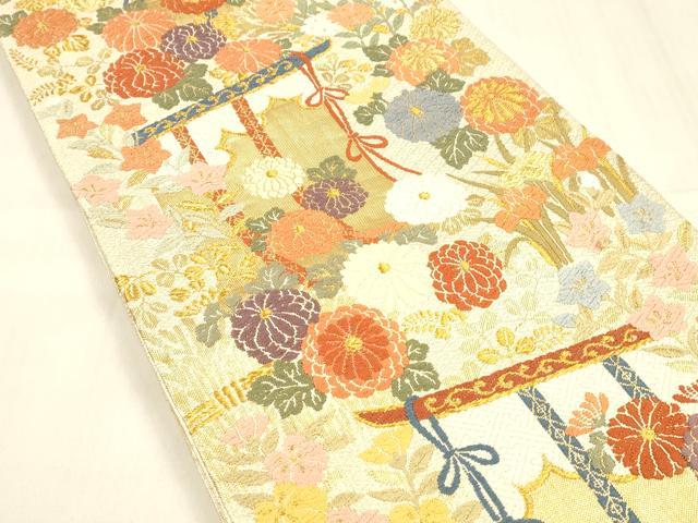 平和屋着物●佐賀錦 六通柄袋帯 唐織 草花文 金糸 正絹 逸品 DABA0635cm