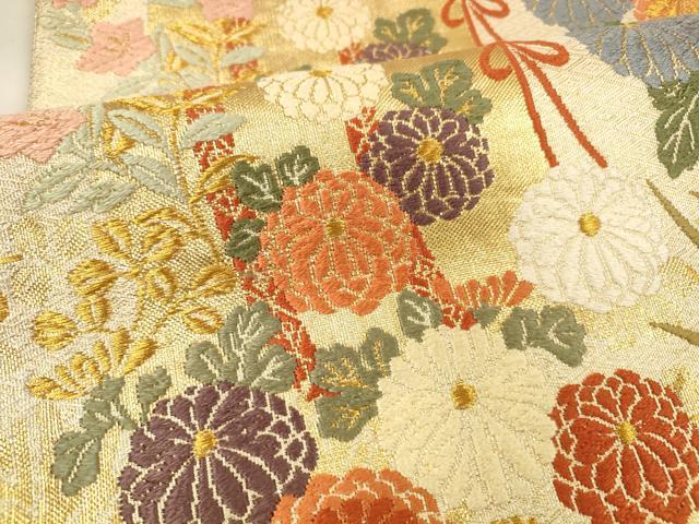 平和屋着物●佐賀錦 六通柄袋帯 唐織 草花文 金糸 正絹 逸品 DABA0635cm
