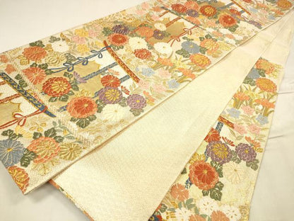 平和屋着物●佐賀錦 六通柄袋帯 唐織 草花文 金糸 正絹 逸品 DABA0635cm