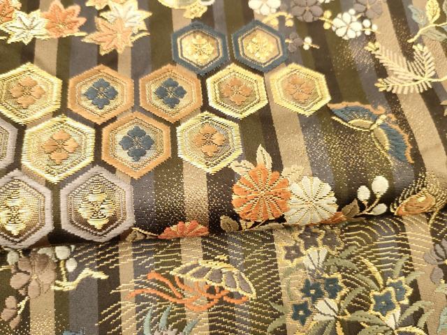 平和屋着物●六通柄袋帯　唐織　宝尽くし舞蝶花鳥文　金糸　正絹　逸品　DABA0637cm