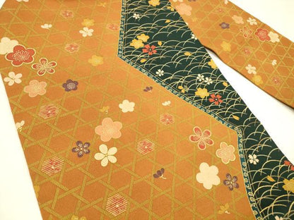 平和屋着物●全通柄九寸名古屋帯　芝花文　金彩　正絹　逸品　DABA0640cm