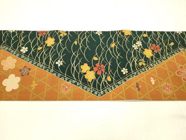 平和屋着物●全通柄九寸名古屋帯　芝花文　金彩　正絹　逸品　DABA0640cm
