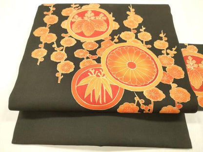 平和屋着物●塩瀬　九寸名古屋帯　枝花文　黒地　金彩　正絹　逸品　DABA0641cm