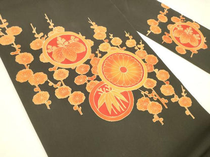 平和屋着物●塩瀬　九寸名古屋帯　枝花文　黒地　金彩　正絹　逸品　DABA0641cm