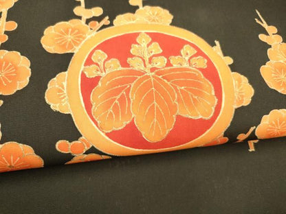 平和屋着物●塩瀬　九寸名古屋帯　枝花文　黒地　金彩　正絹　逸品　DABA0641cm