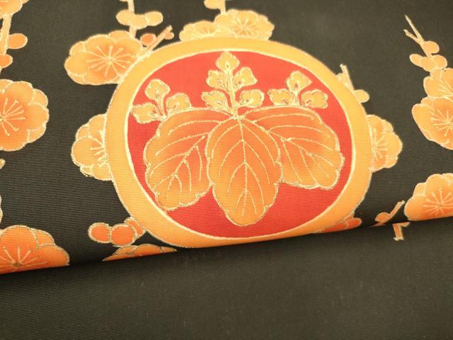 平和屋着物●塩瀬　九寸名古屋帯　枝花文　黒地　金彩　正絹　逸品　DABA0641cm