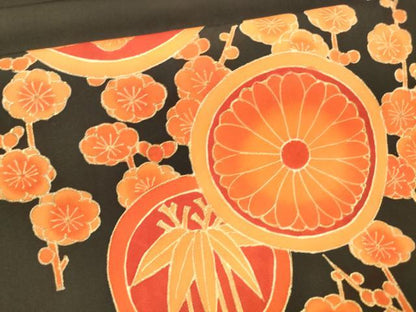 平和屋着物●塩瀬　九寸名古屋帯　枝花文　黒地　金彩　正絹　逸品　DABA0641cm
