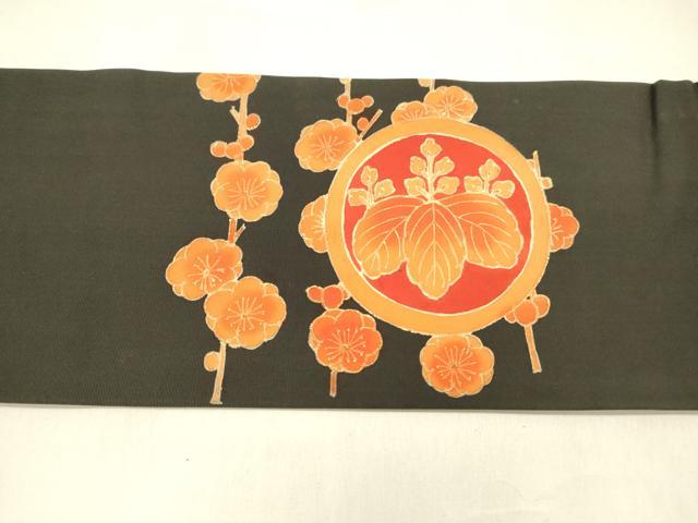 平和屋着物●塩瀬　九寸名古屋帯　枝花文　黒地　金彩　正絹　逸品　DABA0641cm