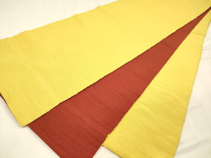 平和屋着物▼両面　全通柄　京袋帯　紬地　黄支子色　茜色　正絹　逸品　DABA0662cm
